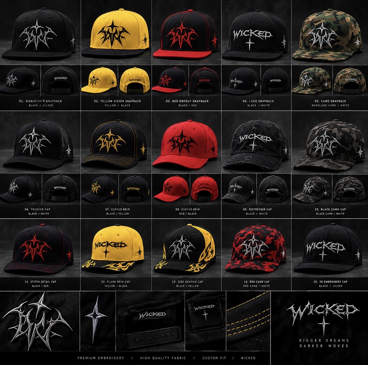 NOTHING BUT WICKED signature snapback design collection in black, yellow, red and camouflage